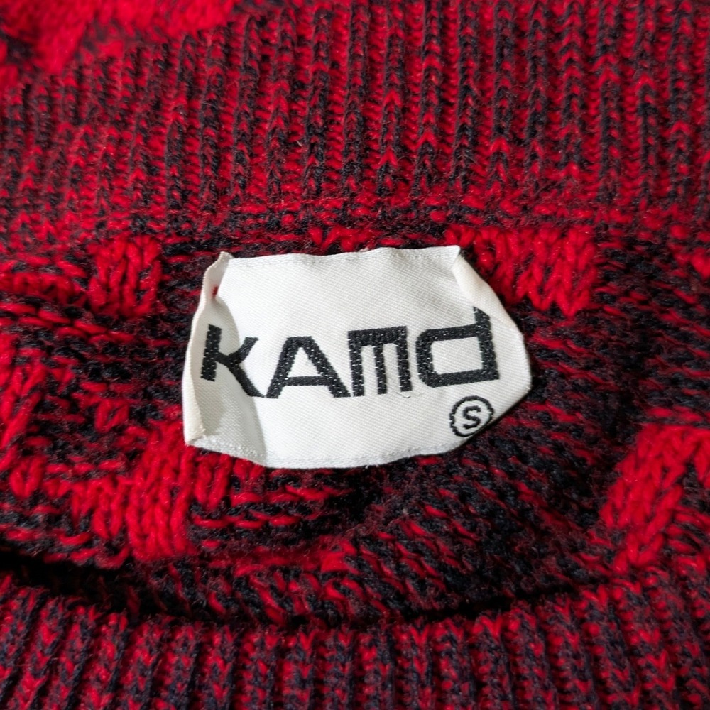 Vintage Kamd Red Black Graphic Leaf Knit Sweater Made in USA Size Small - Picture 6 of 8